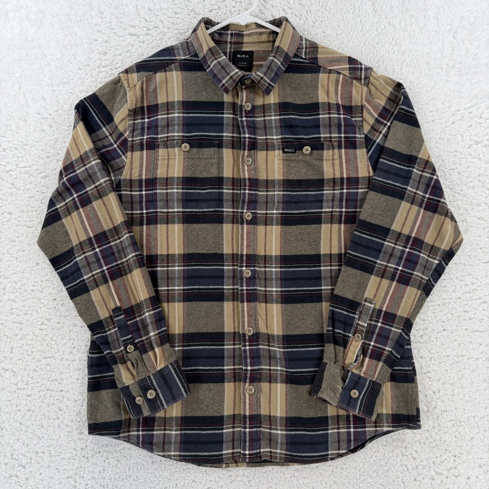 RVCA Mens Large Beige Plaid Flannel Long Sleeve Button Up Shirt Regular Fit L